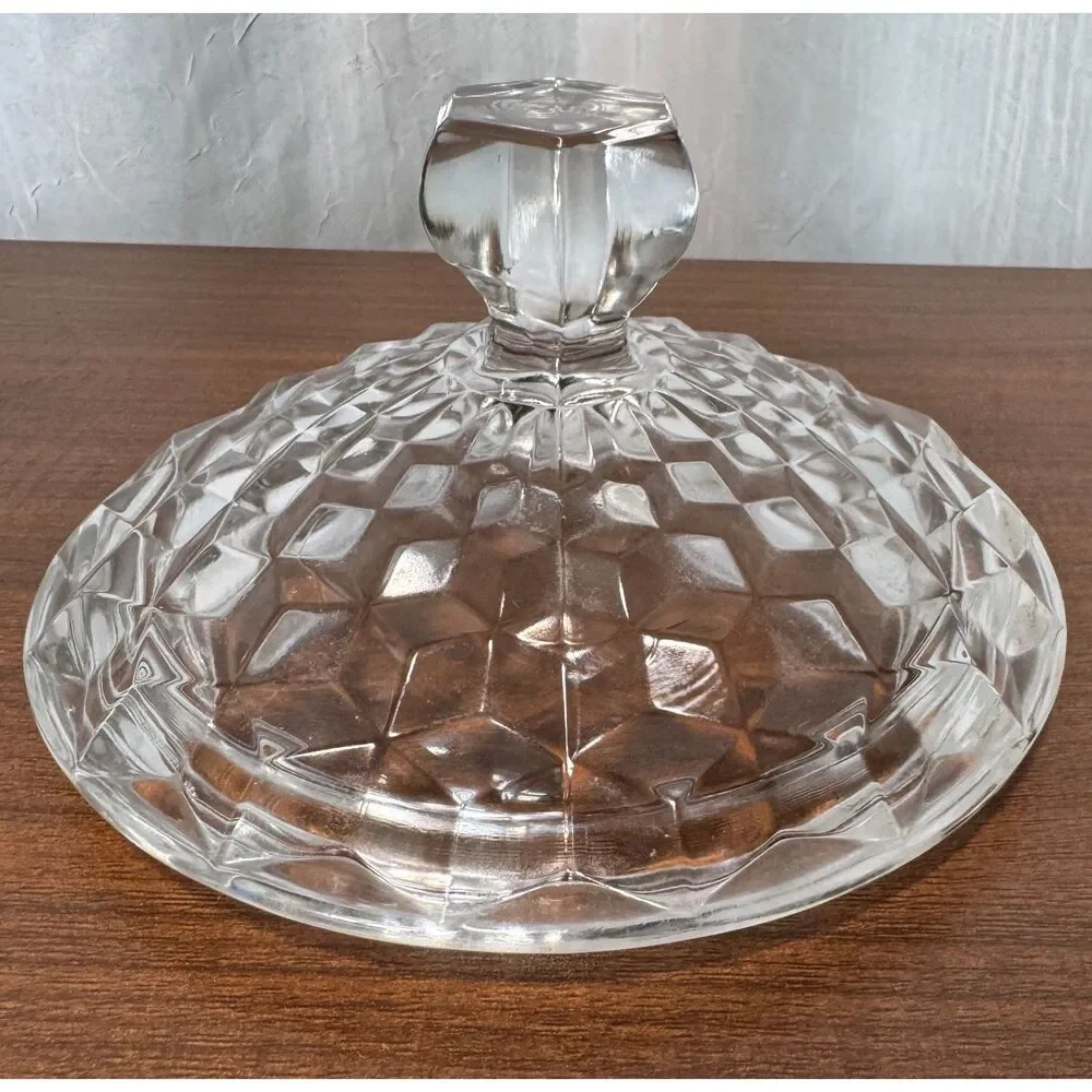 Vintage Fostoria American Glass Cookie Jar with Lid 2056 Diamond Cube Pattern